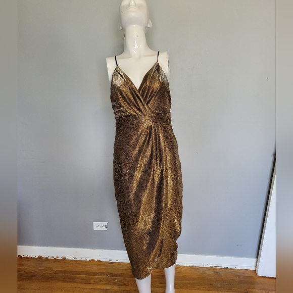 Urban Outfitters Ecote Solid Gold Metallic Tulle Mini Dress, VGUC, Size 2 - Picture 2 of 9